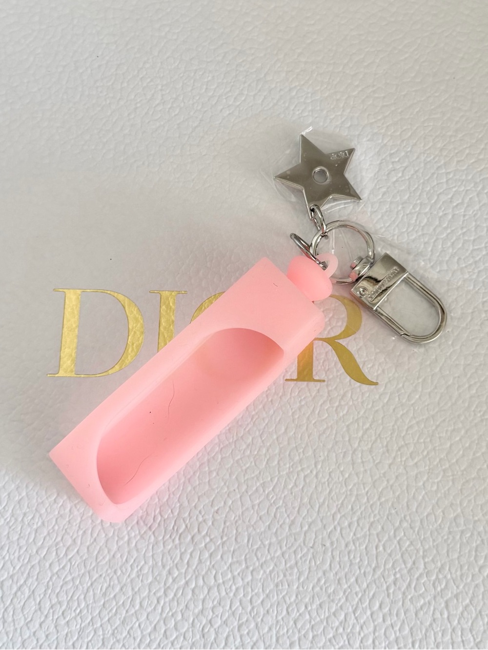 Dior Pink Silicone Star Keyring Holder with Silver Hardware